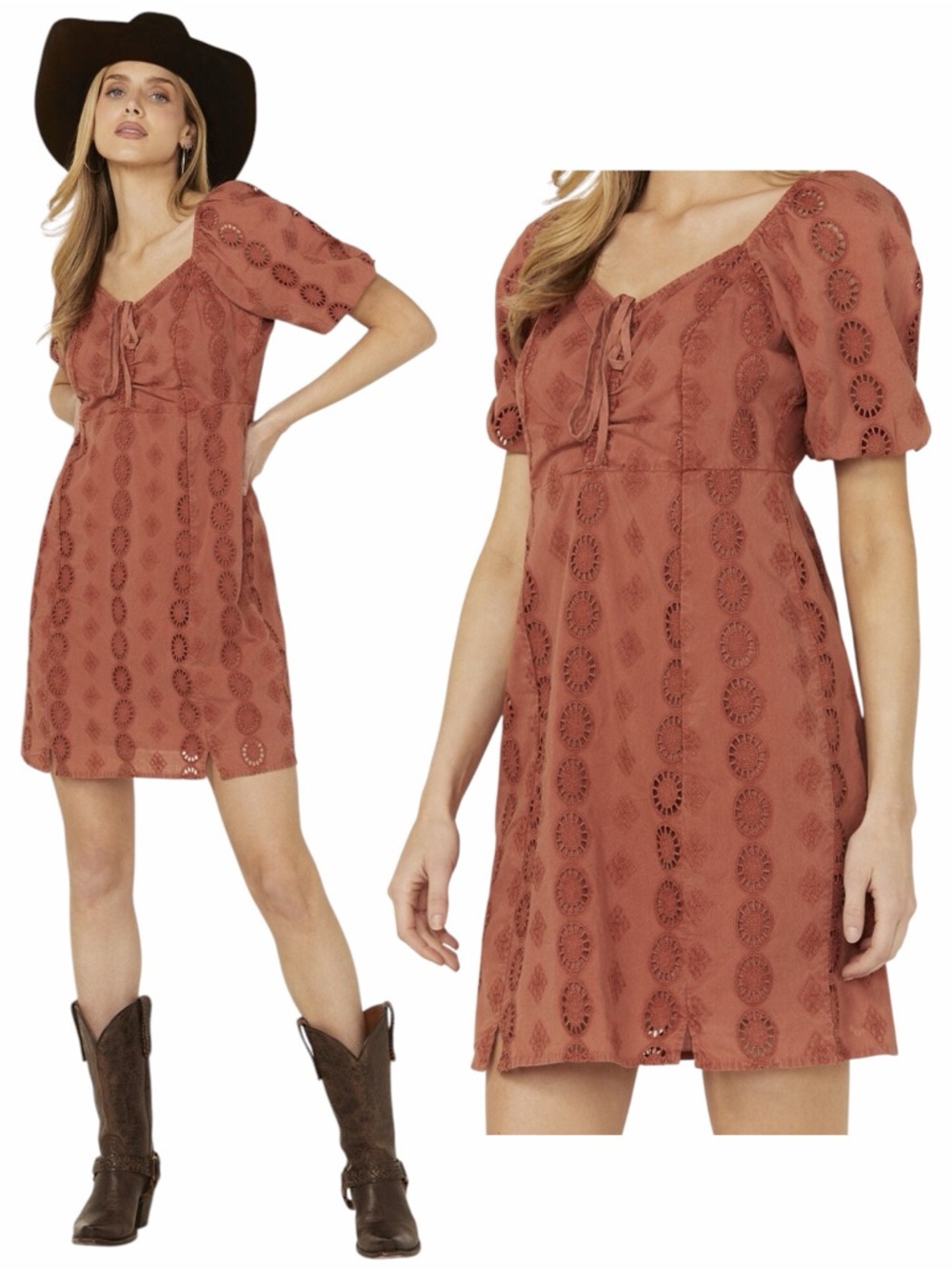 Shyanne Cotton Eyelet Lined Western Coastal Coral Eyelet Tie-Neck Mini Dress S